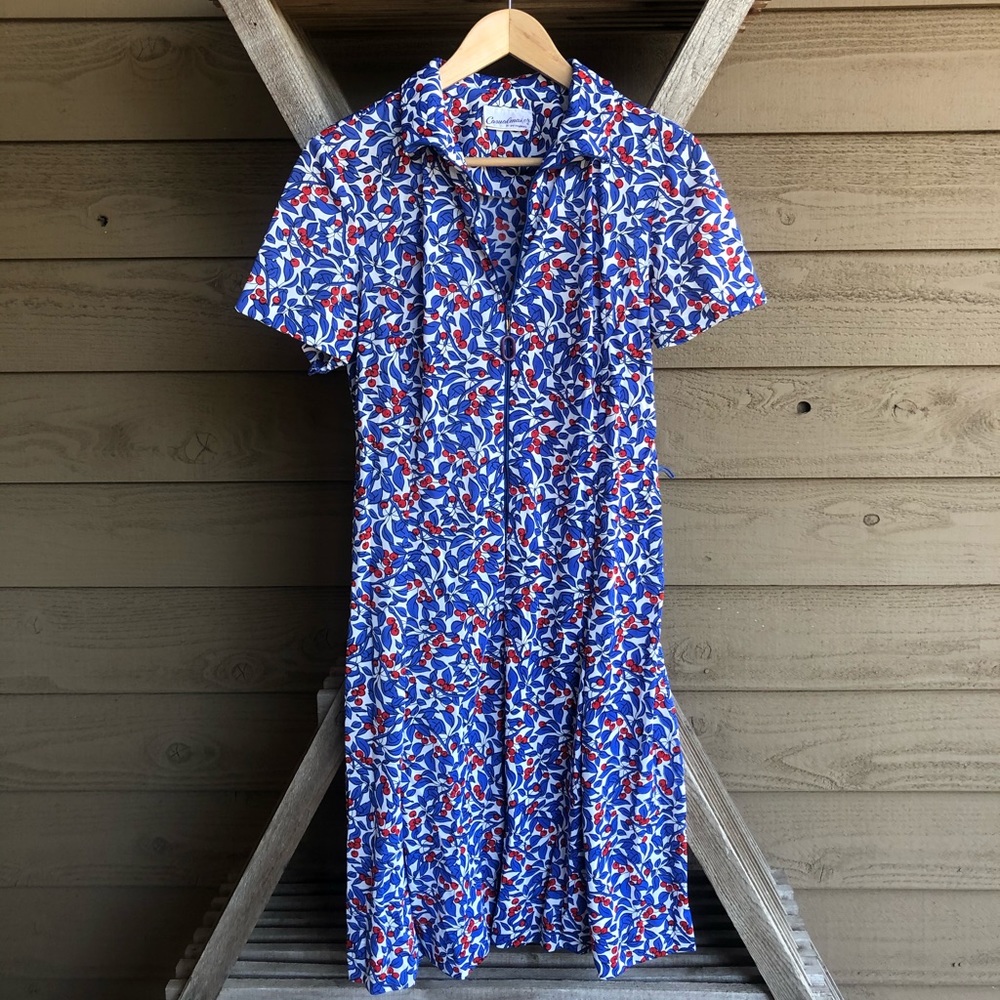 Vintage Blue and Red Cherry Print Mod Dress